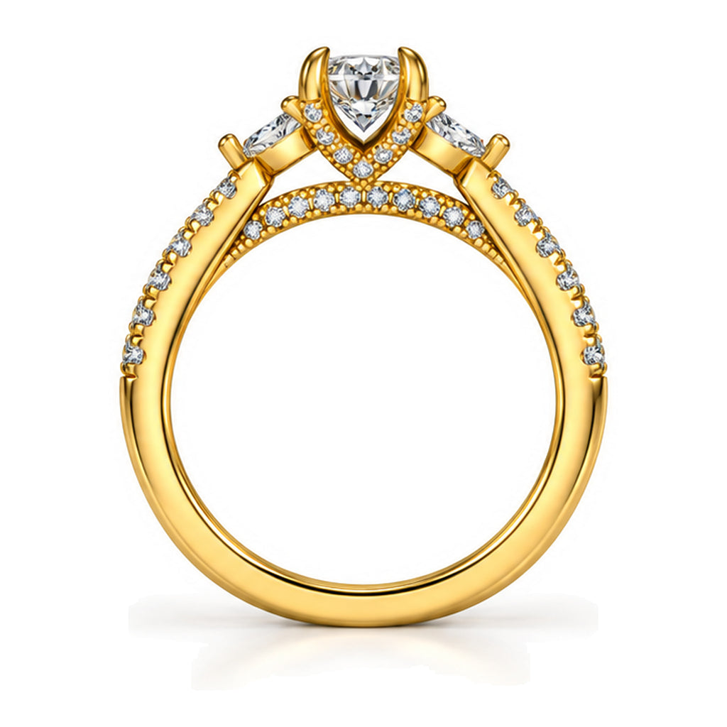 Oval moissanite three-stone engagement ring with pear side stones and pavé band, front view