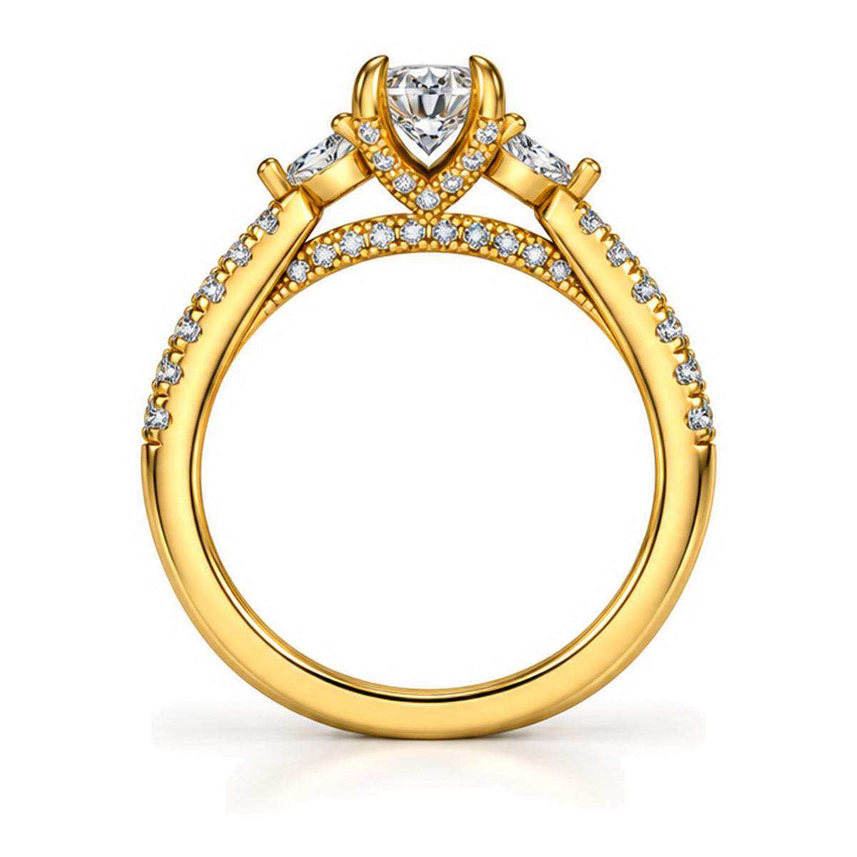 Oval moissanite three-stone engagement ring with pear side stones and pavé band, front view