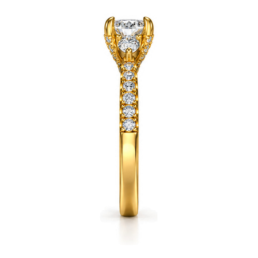 Oval moissanite three-stone engagement ring with pear side stones and pavé band, side view