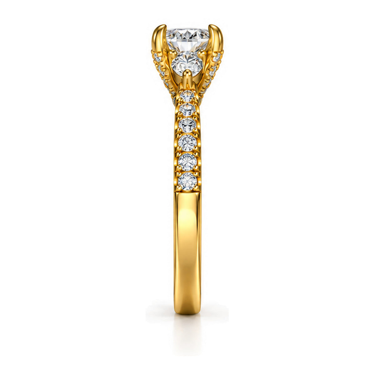 Oval moissanite three-stone engagement ring with pear side stones and pavé band, side view