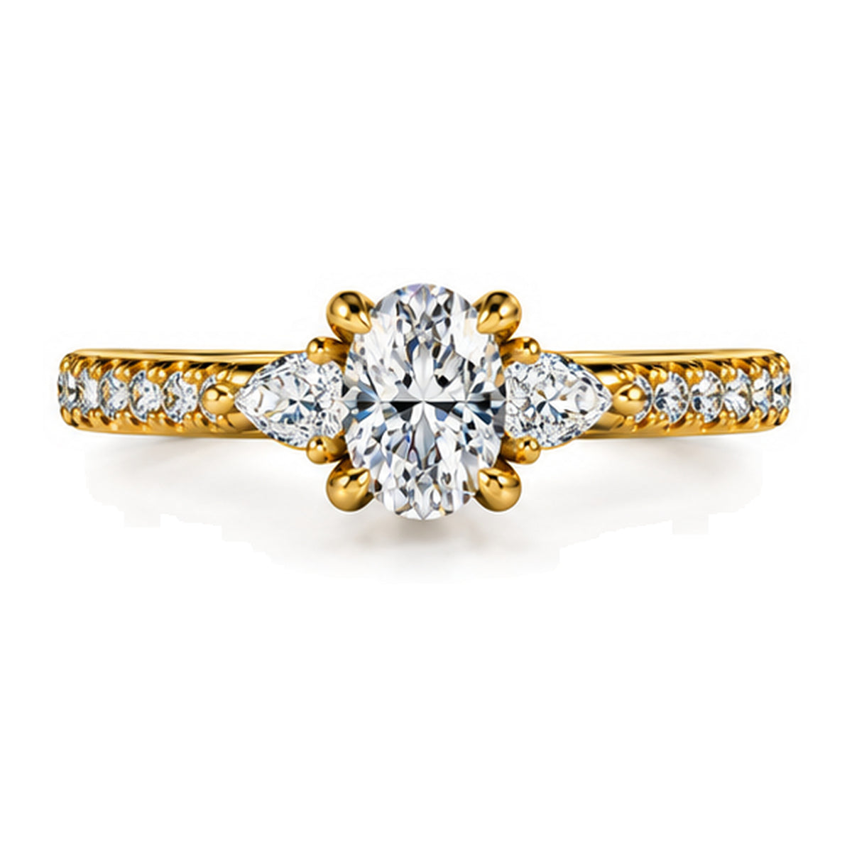Oval moissanite three-stone engagement ring with pear side stones and pavé band, top view