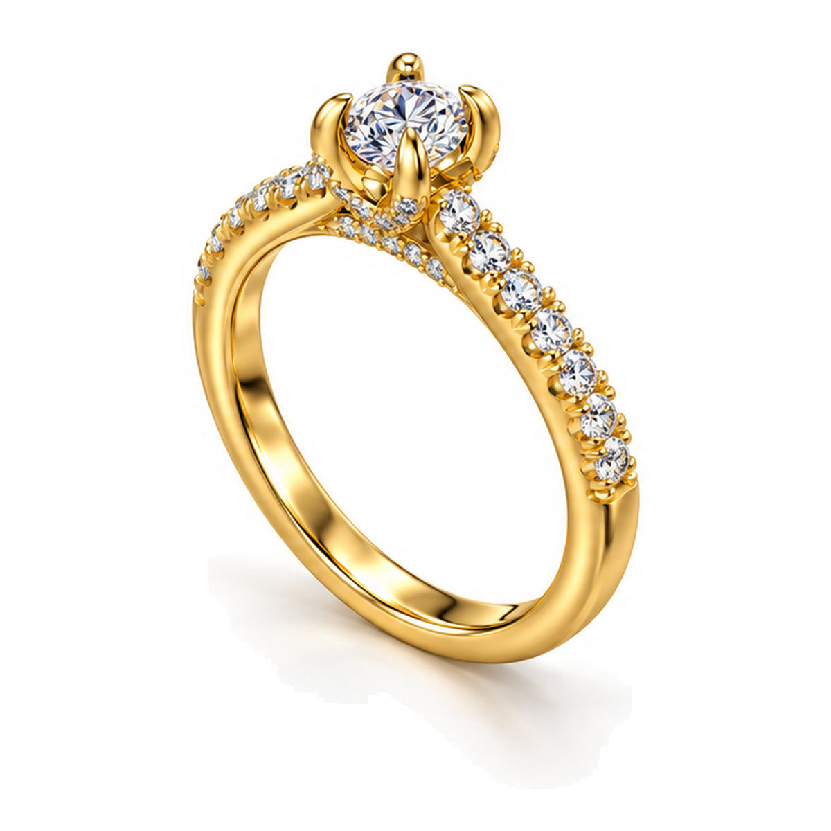 Round moissanite solitaire engagement ring with pavé band, angled view