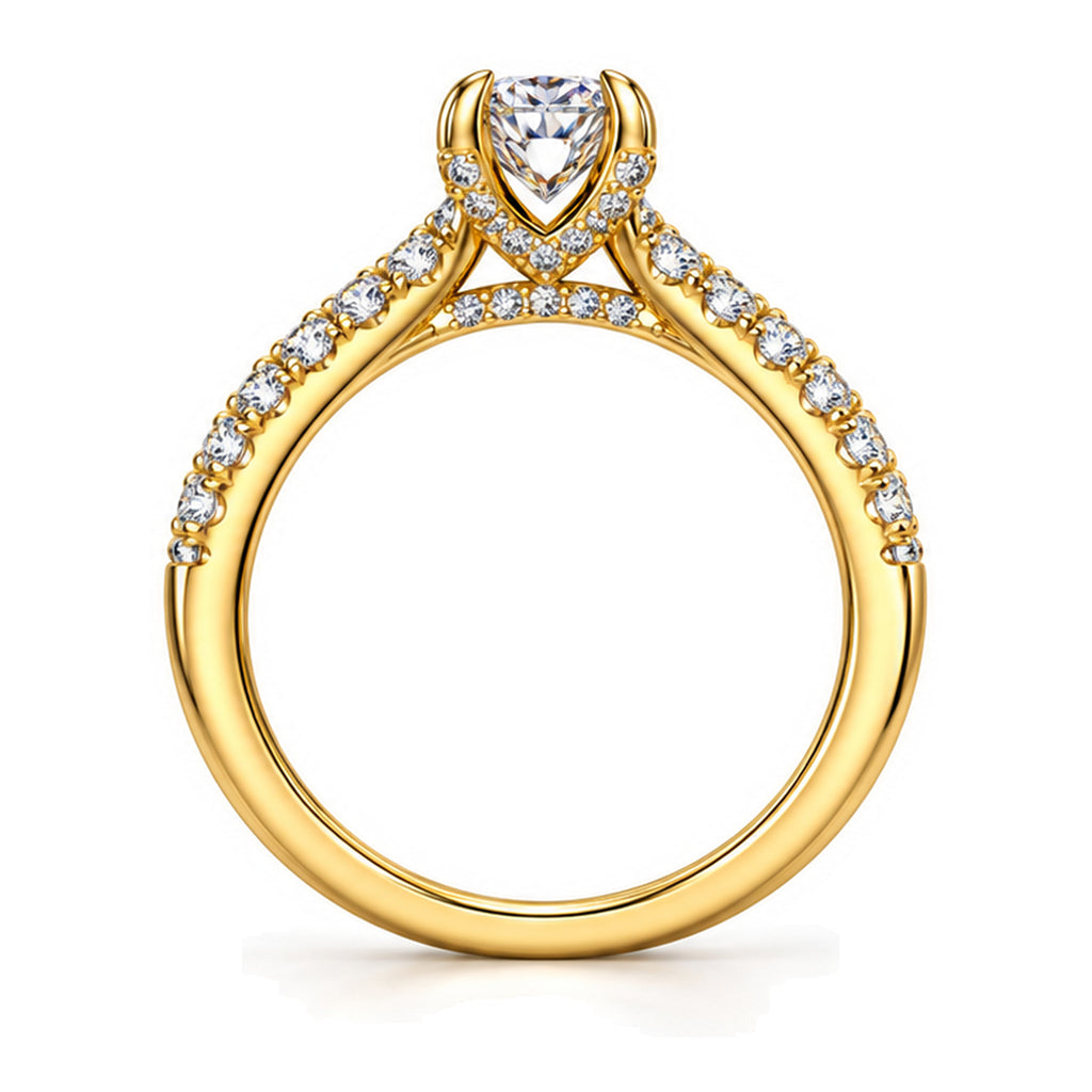 Round moissanite solitaire engagement ring with pavé band, front view
