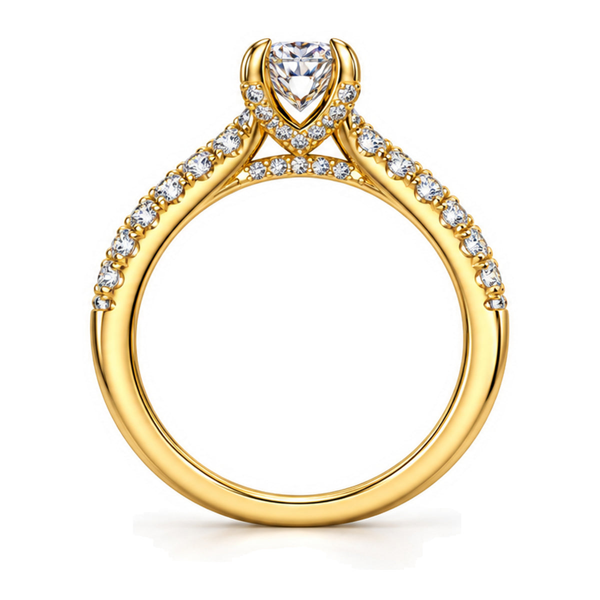 Round moissanite solitaire engagement ring with pavé band, front view