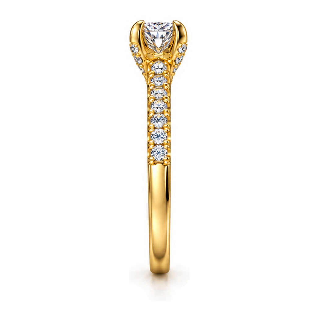 Round moissanite solitaire engagement ring with pavé band, side view