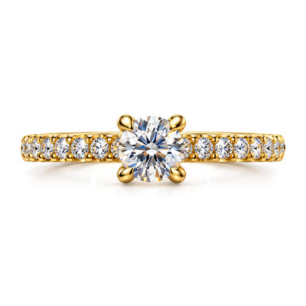 Round moissanite solitaire engagement ring with pavé band, top view