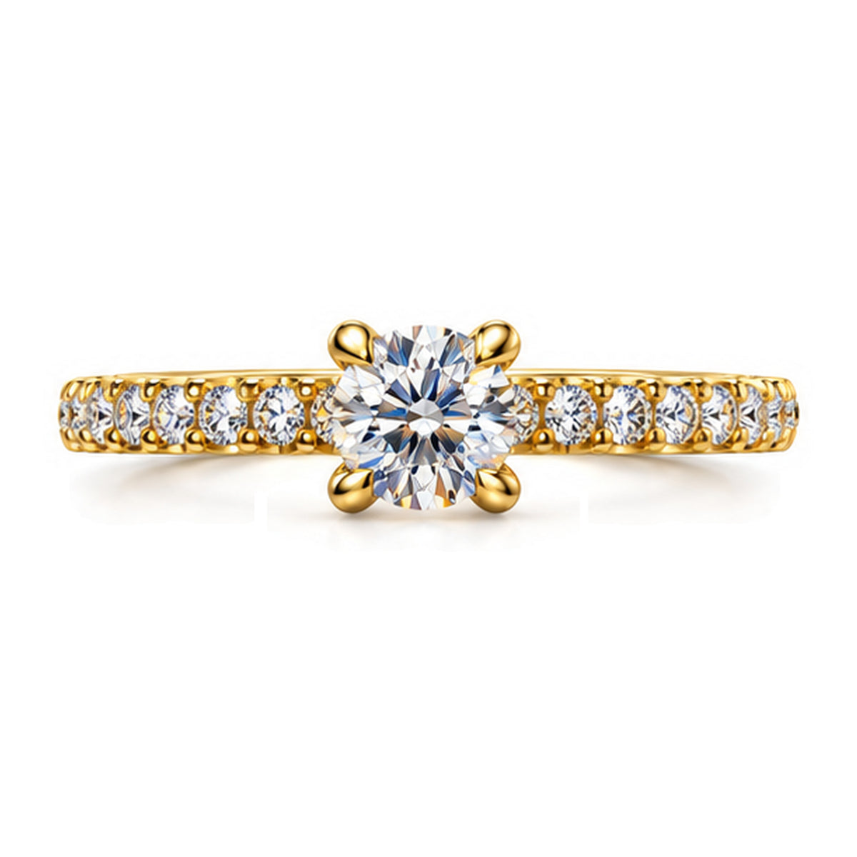 Round moissanite solitaire engagement ring with pavé band, top view