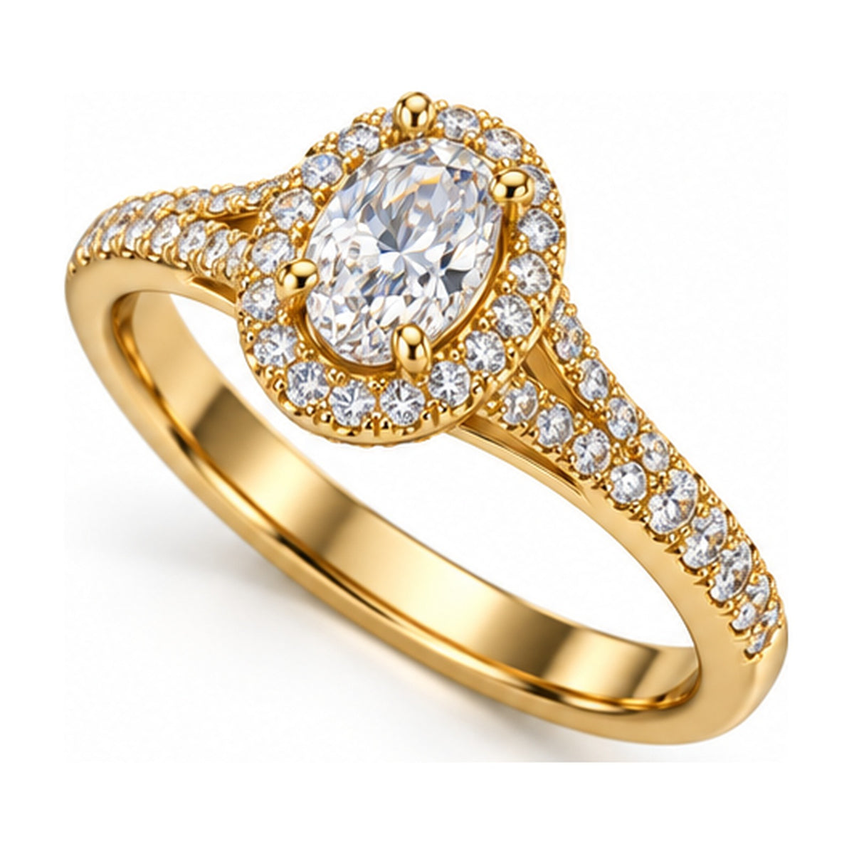 Oval halo split shank engagement ring angled view