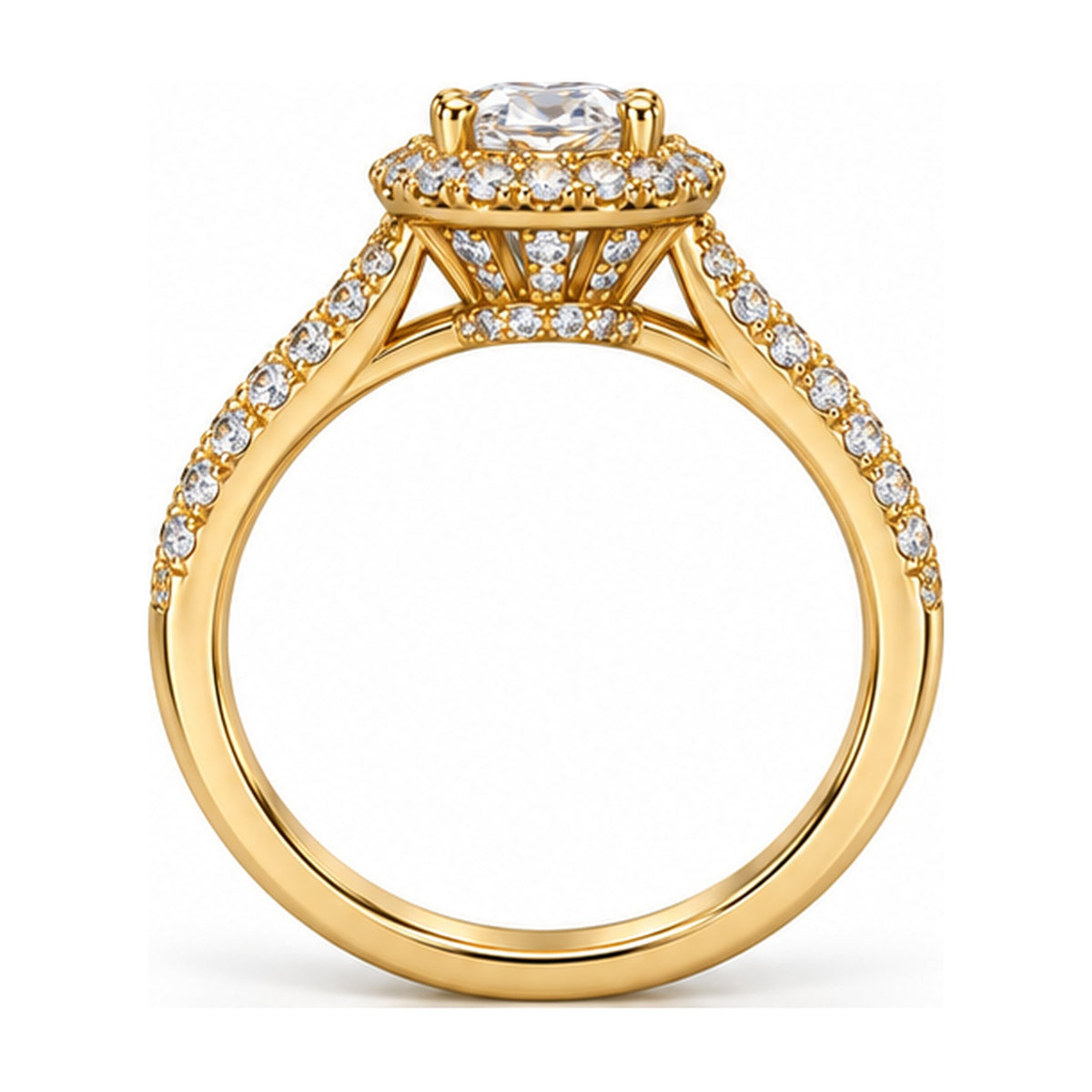 Oval halo split shank engagement ring side view