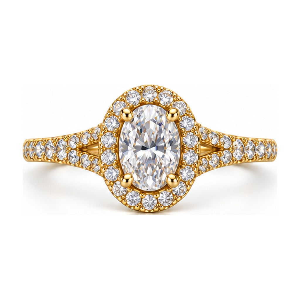 Oval halo split shank engagement ring top view