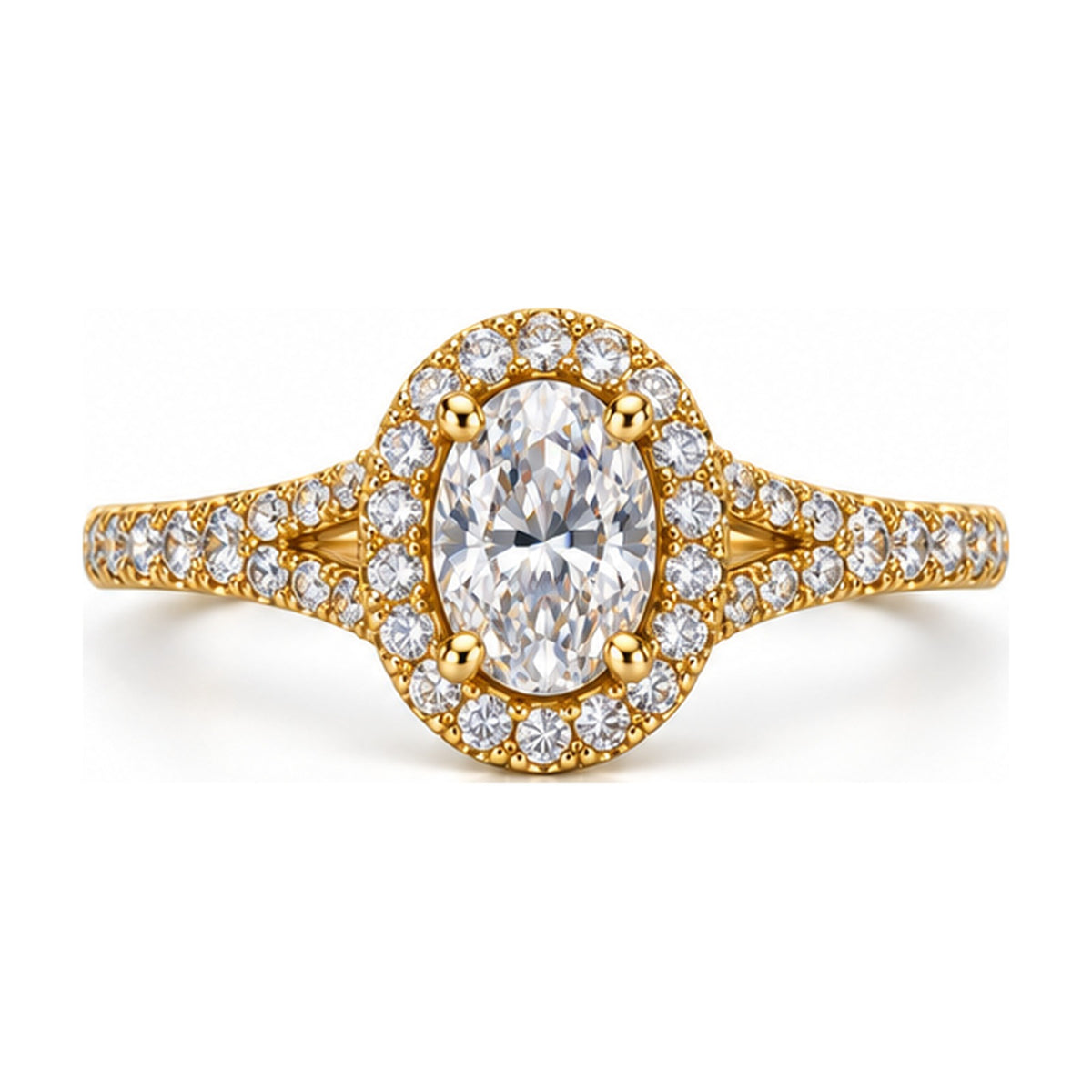 Oval halo split shank engagement ring top view