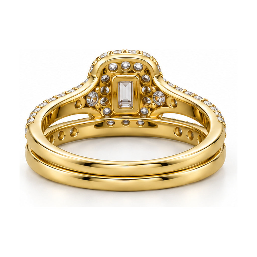 Emerald Cut Double Halo Bridal Ring Set, 0.38 ct back view