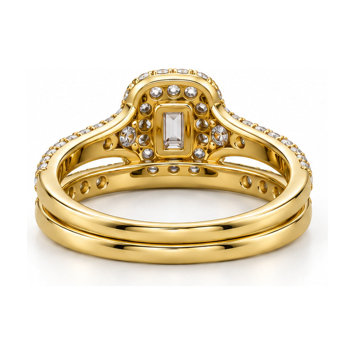 Emerald Cut Double Halo Bridal Ring Set, 0.38 ct back view