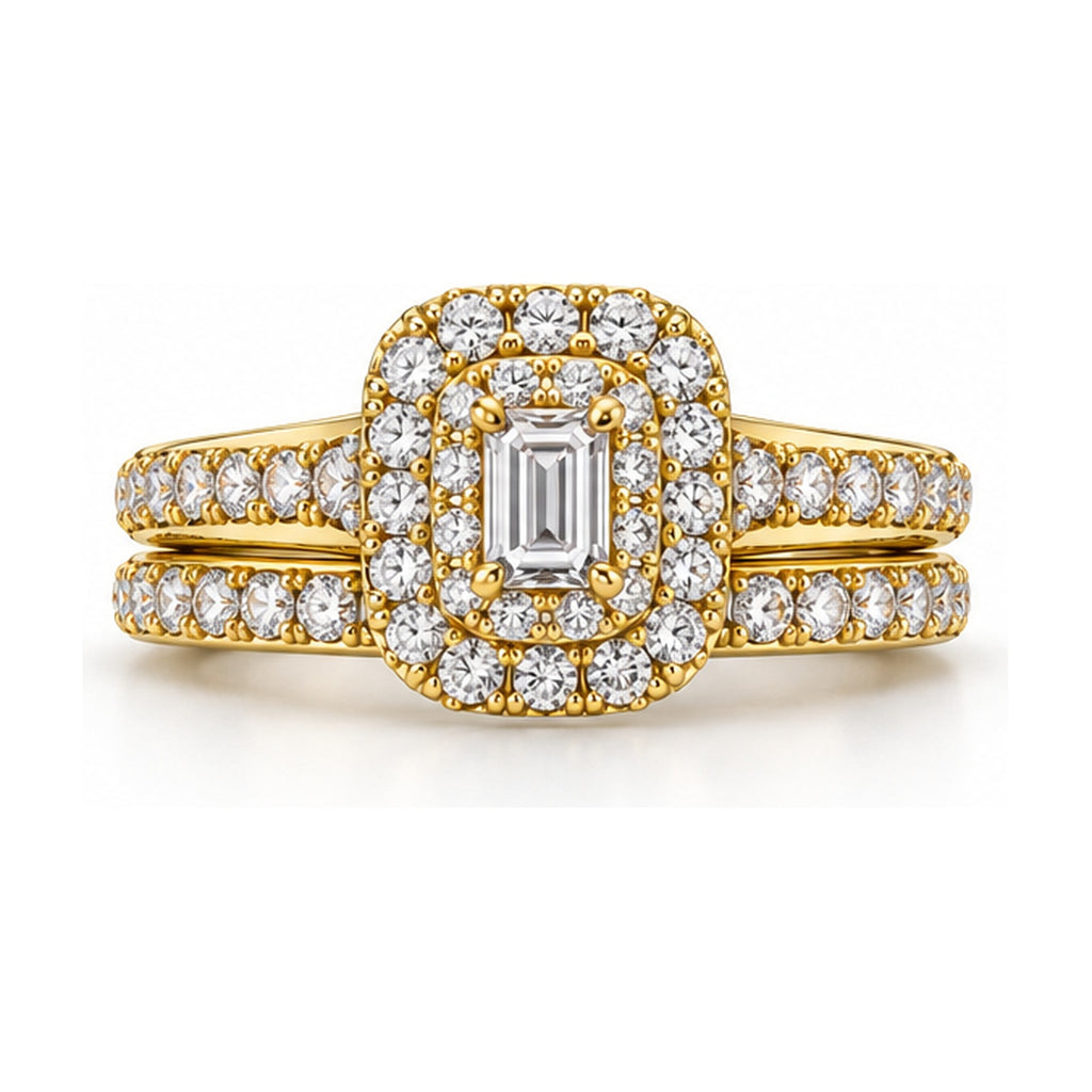 Emerald Cut Double Halo Bridal Ring Set, 0.38 ct front view