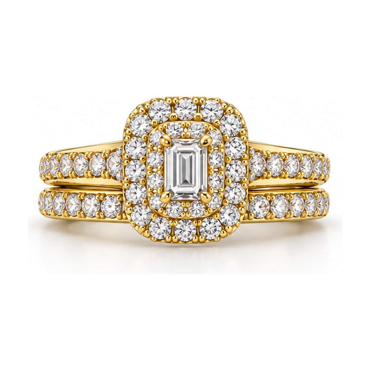 Emerald Cut Double Halo Bridal Ring Set, 0.38 ct front view