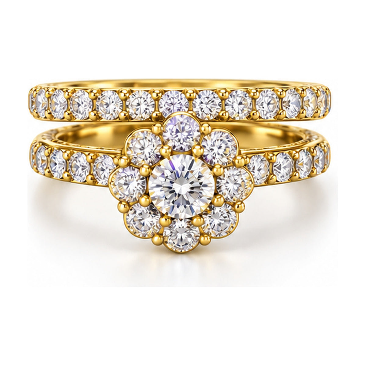 Floral Halo Round Bridal Ring Set, 0.50 ct front view