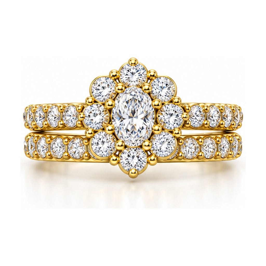 Floral Halo Oval Bridal Ring Set, 0.50 ct front view