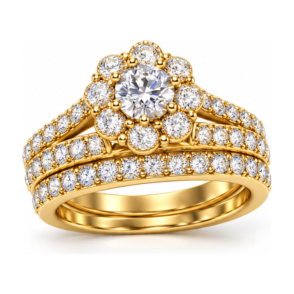 Floral Halo Round Split Shank Bridal Ring Set, 0.63 ct angle view