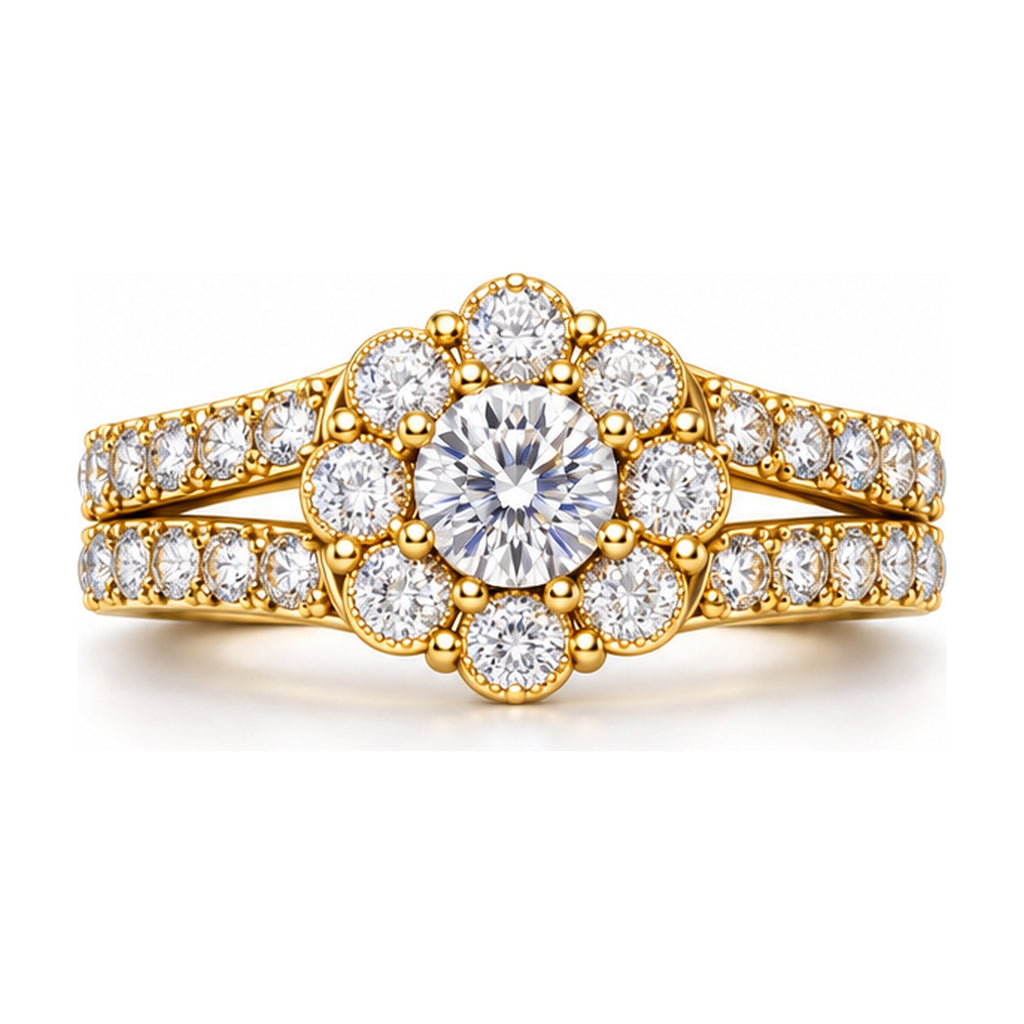 Floral Halo Round Split Shank Bridal Ring Set, 0.63 ct front view