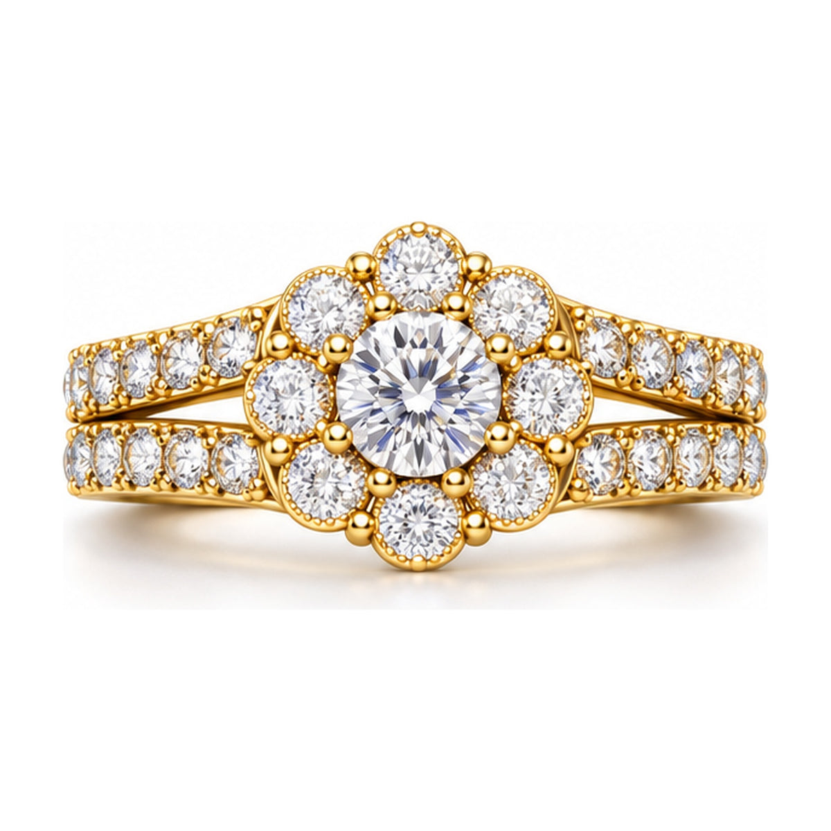 Floral Halo Round Split Shank Bridal Ring Set, 0.63 ct front view
