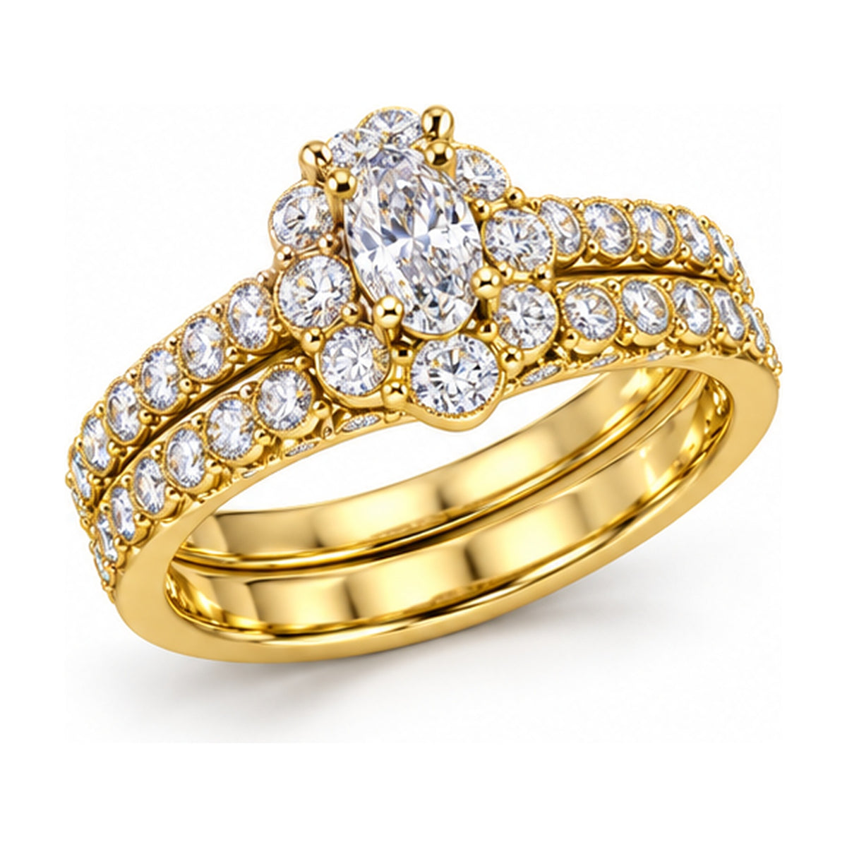 Floral Halo Oval Three-Row Bridal Ring Set, 0.40 ct angle view
