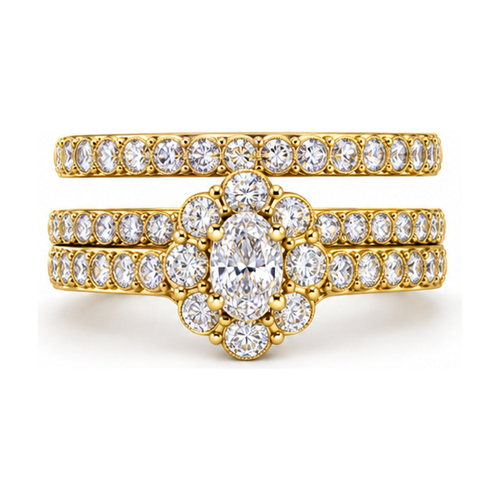 Floral Halo Oval Three-Row Bridal Ring Set, 0.40 ct front view
