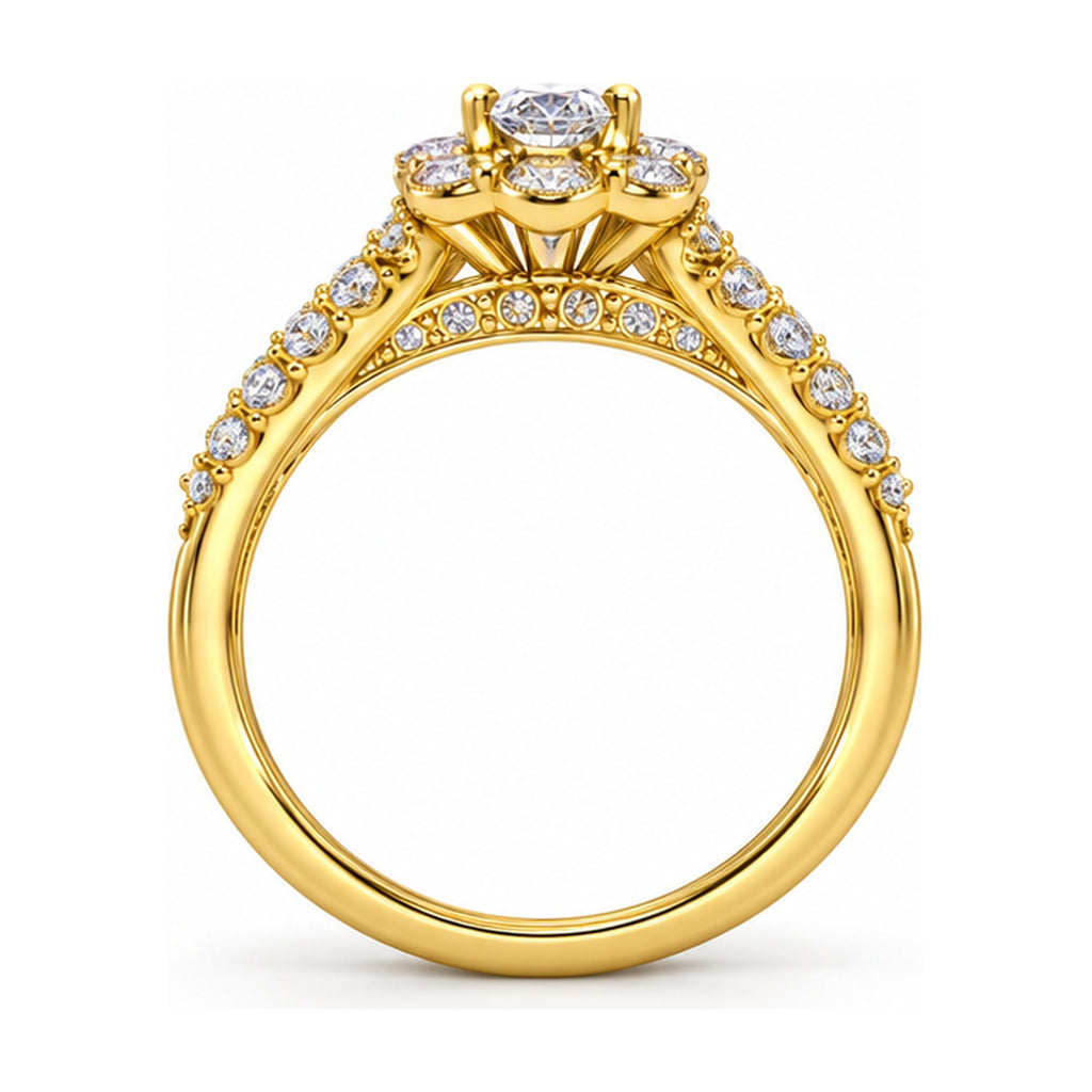 Floral Halo Oval Three-Row Bridal Ring Set, 0.40 ct side view