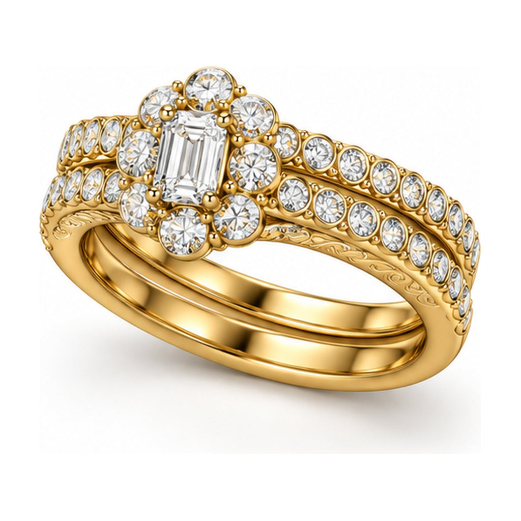 Floral Halo Emerald Cut Three-Row Bridal Ring Set, 0.40 ct angle view