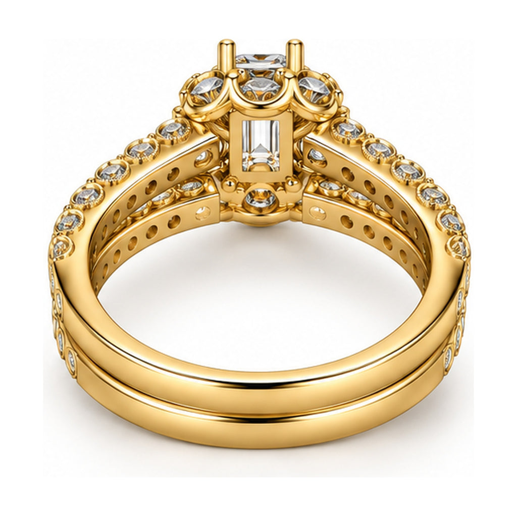 Floral Halo Emerald Cut Three-Row Bridal Ring Set, 0.40 ct back view