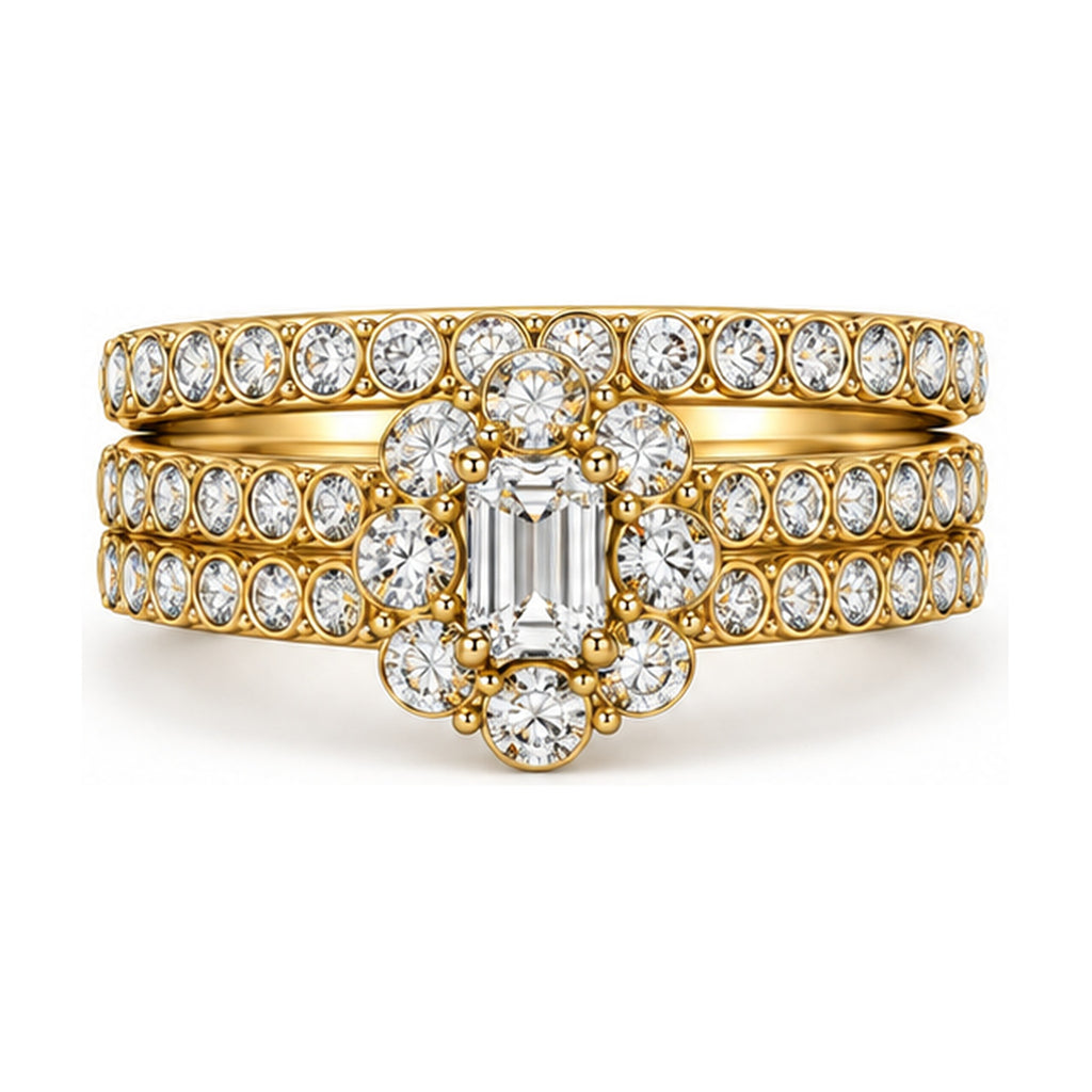 Floral Halo Emerald Cut Three-Row Bridal Ring Set, 0.40 ct front view