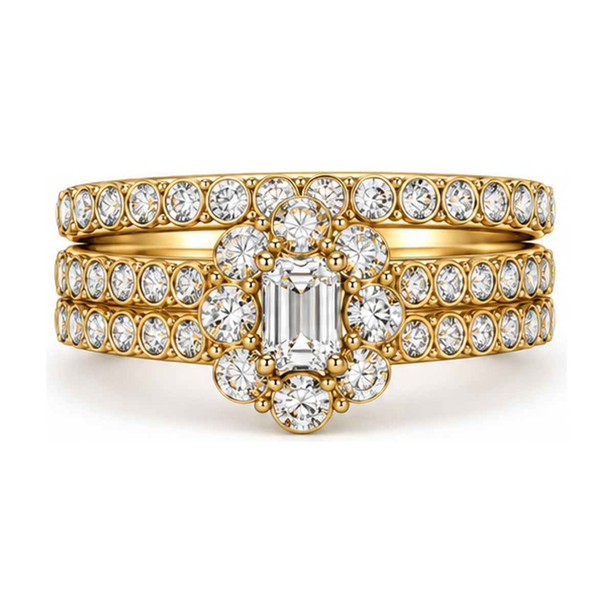 Floral Halo Emerald Cut Three-Row Bridal Ring Set, 0.40 ct front view