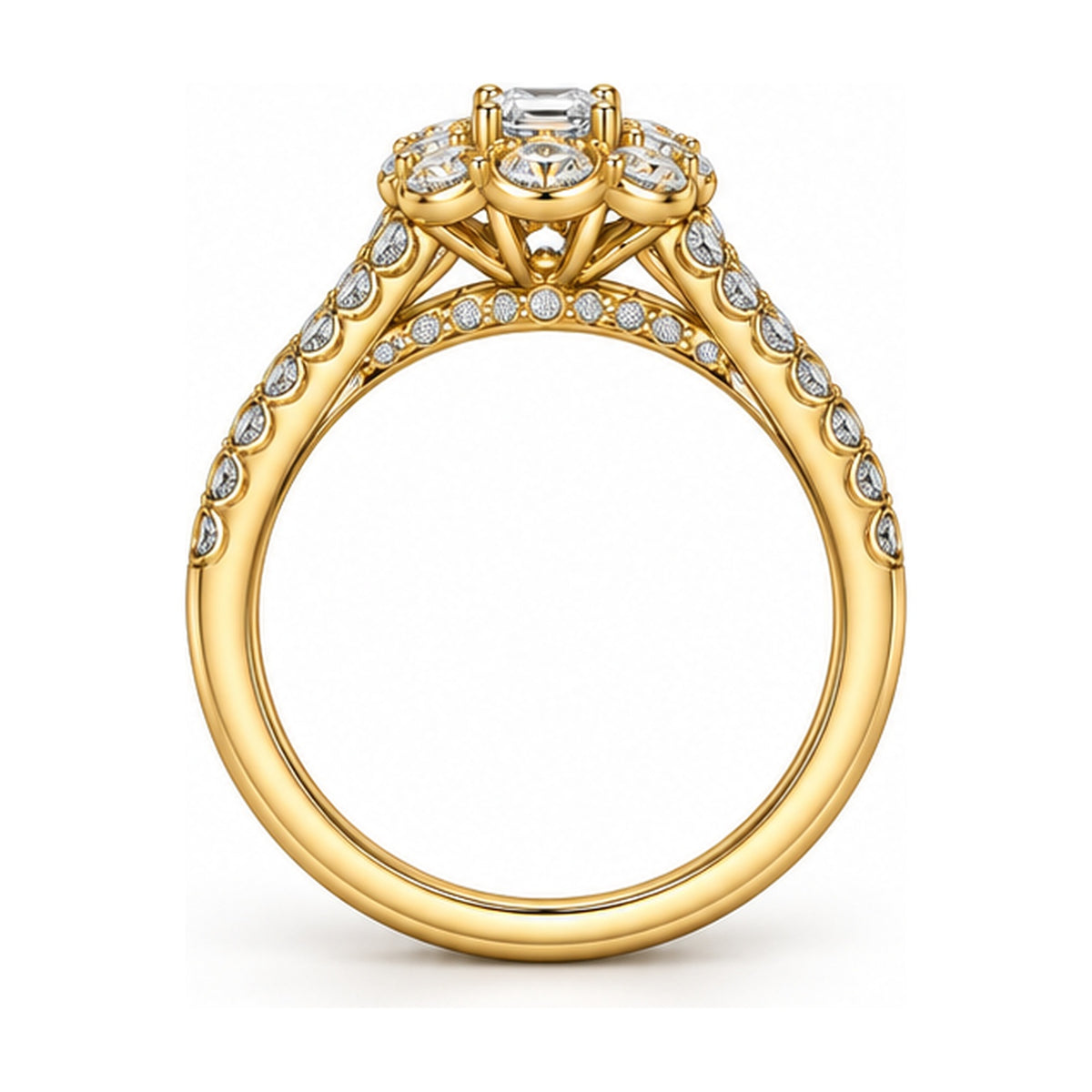 Floral Halo Emerald Cut Three-Row Bridal Ring Set, 0.40 ct side view
