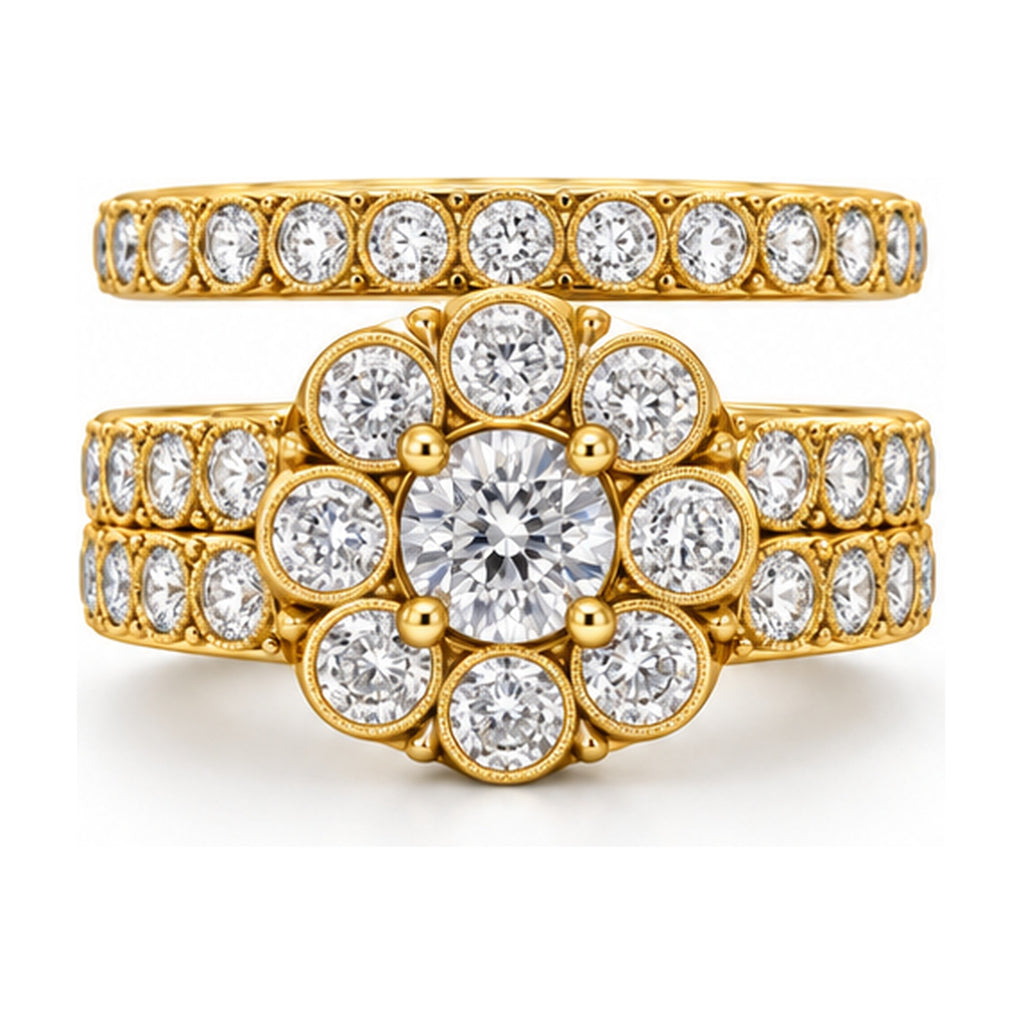 Cushion Halo Round Bridal Ring Set, 0.75 ct front view