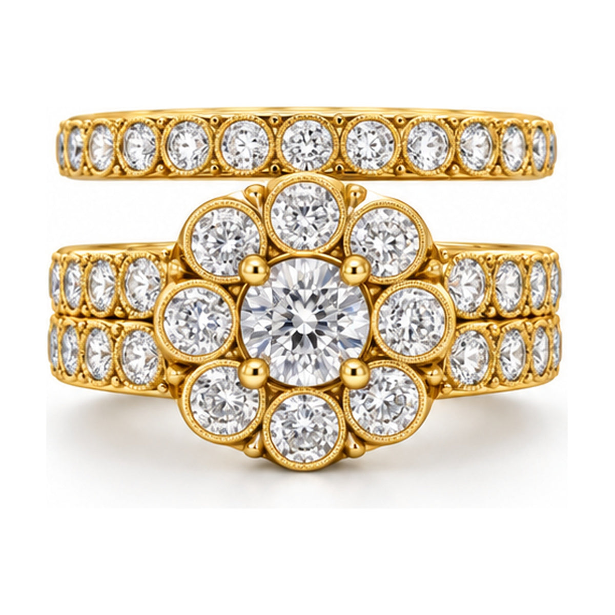 Cushion Halo Round Bridal Ring Set, 0.75 ct front view