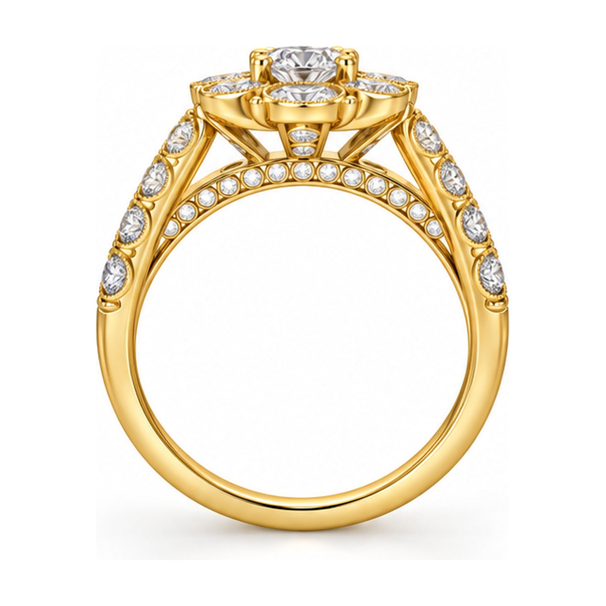 Cushion Halo Round Bridal Ring Set, 0.75 ct side view