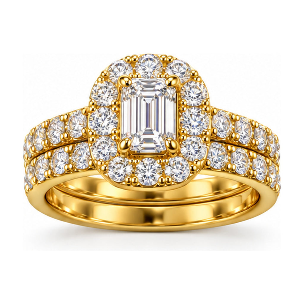 Cushion Halo Emerald Cut Bridal Ring Set, 0.75 ct angle view