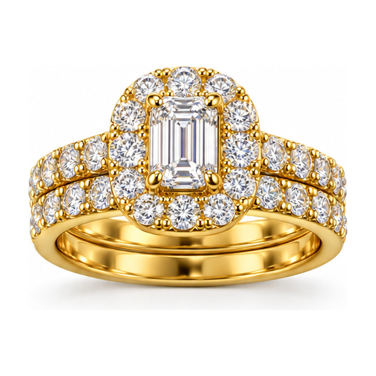 Cushion Halo Emerald Cut Bridal Ring Set, 0.75 ct angle view
