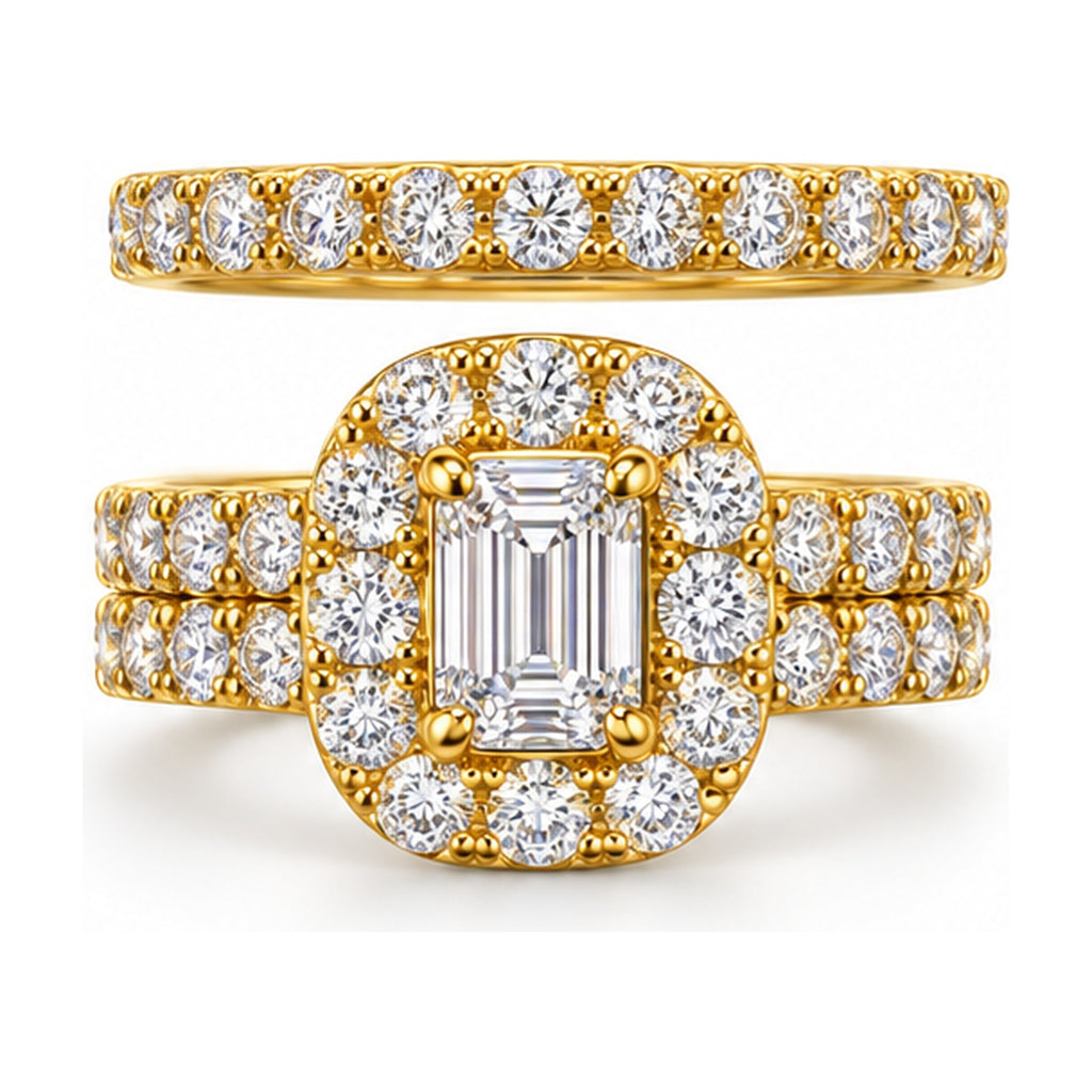 Cushion Halo Emerald Cut Bridal Ring Set, 0.75 ct front view