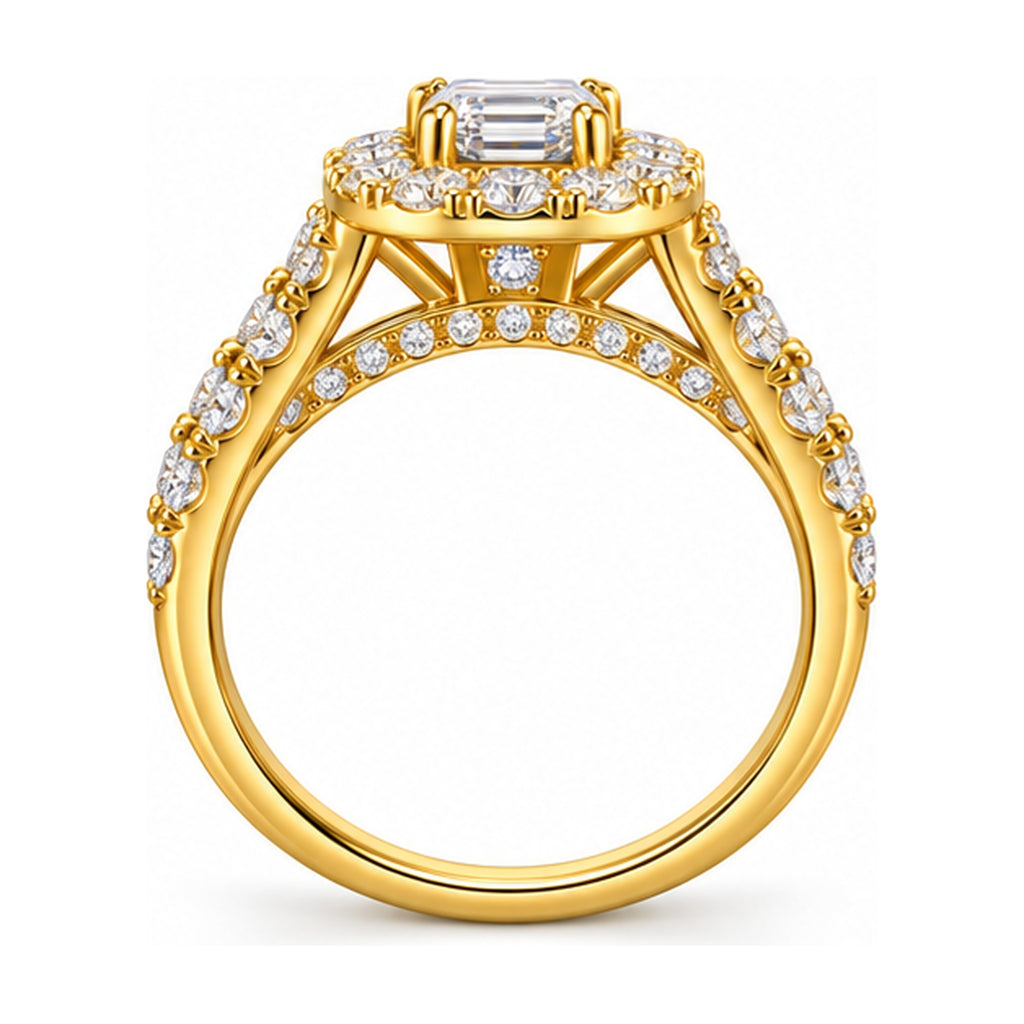 Cushion Halo Emerald Cut Bridal Ring Set, 0.75 ct side view