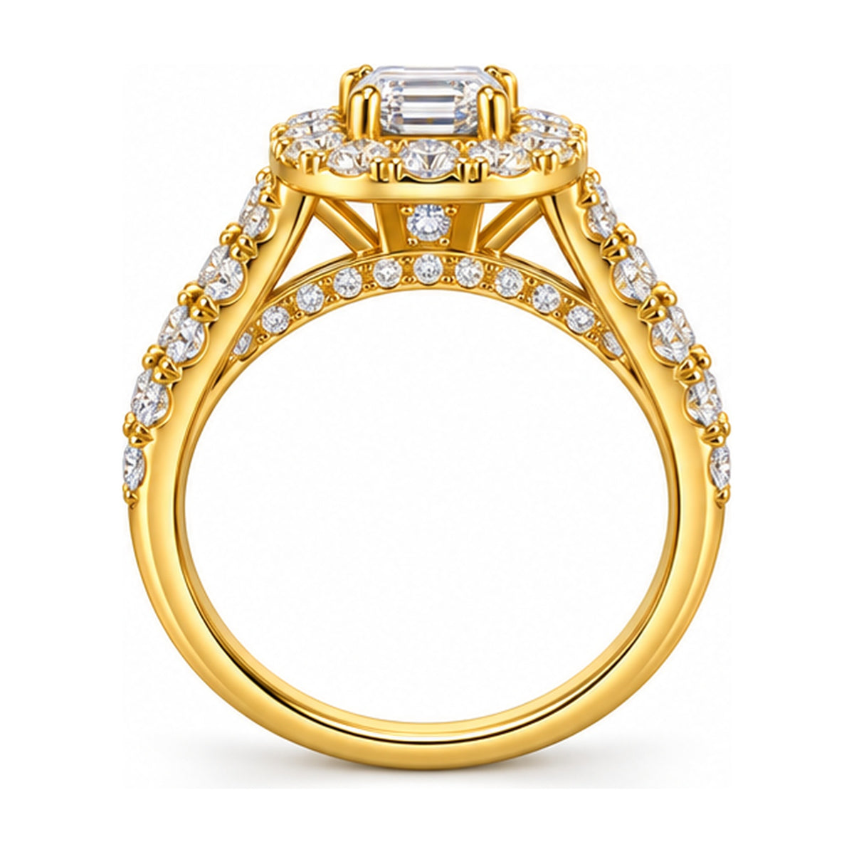 Cushion Halo Emerald Cut Bridal Ring Set, 0.75 ct side view