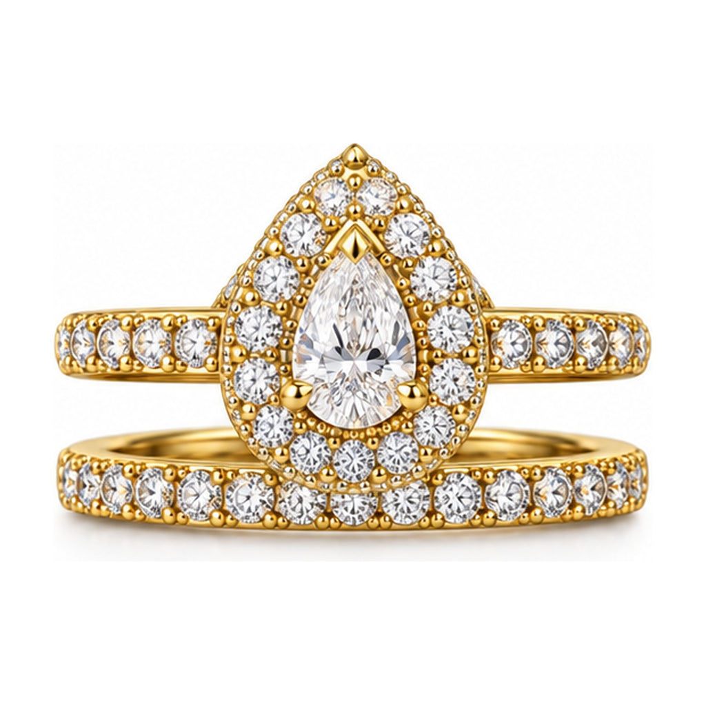 Pear Halo Pavé Bridal Ring Set, 0.50 ct front view