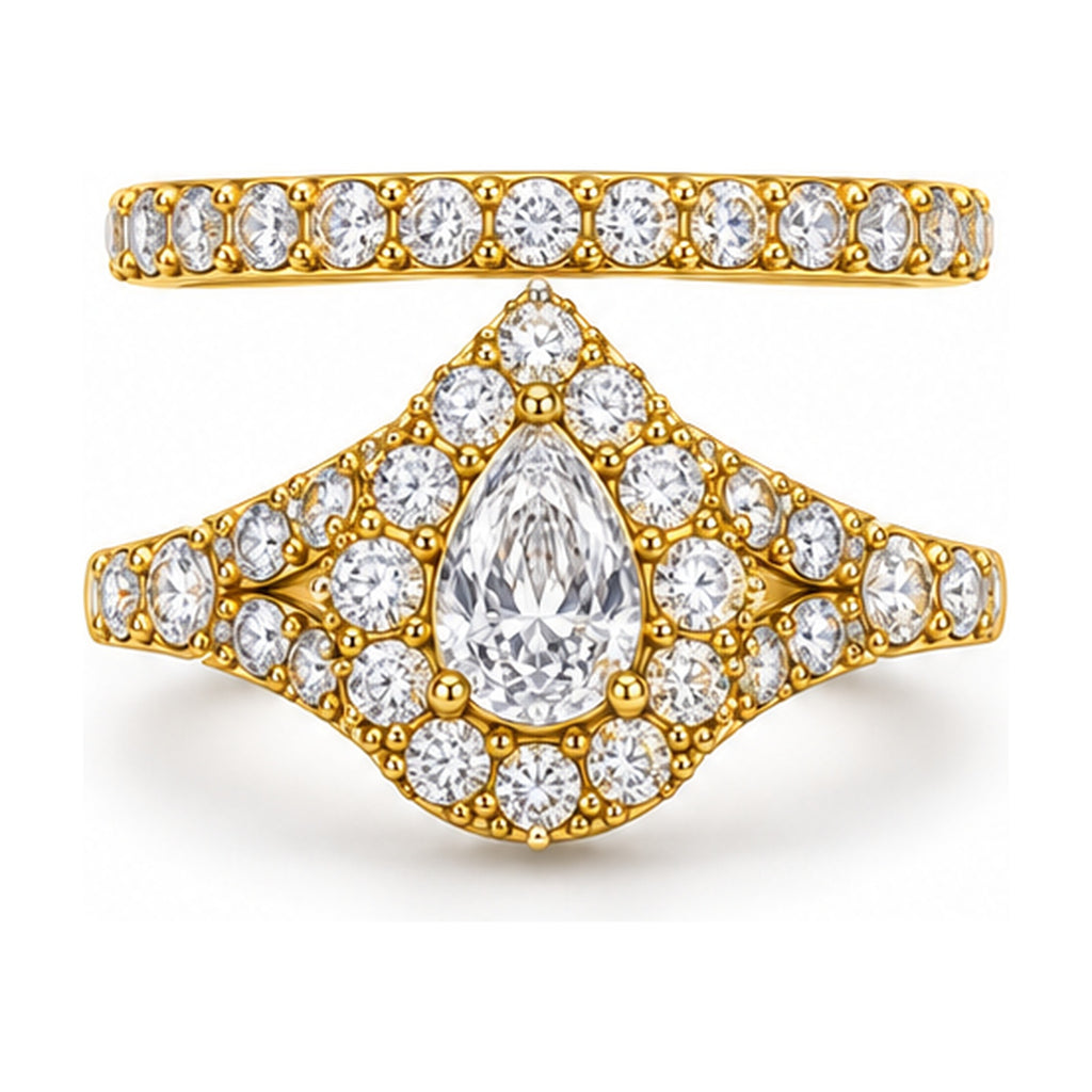 Pear Halo Split Shank Bridal Ring Set, 0.75 ct front view