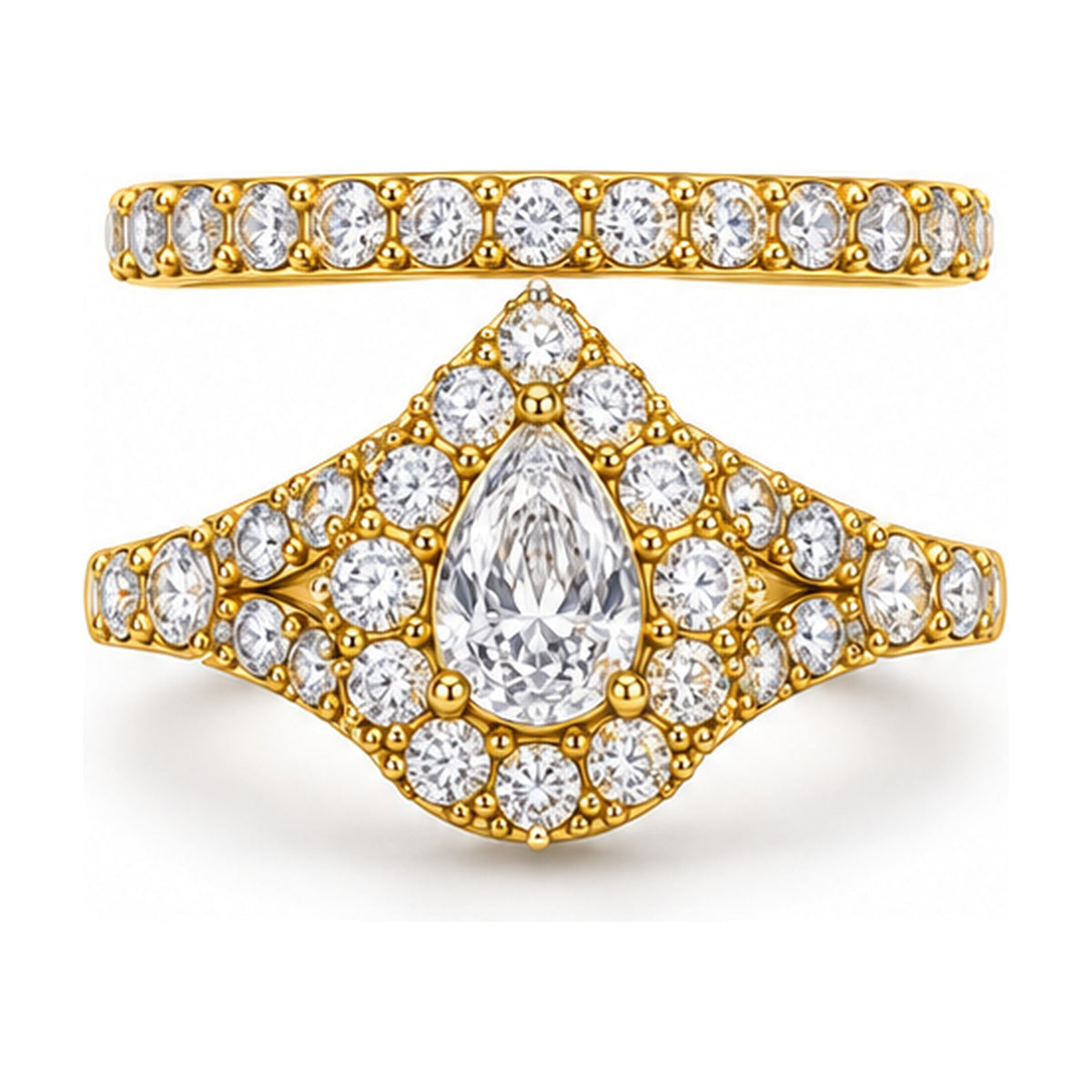 Pear Halo Split Shank Bridal Ring Set, 0.75 ct front view