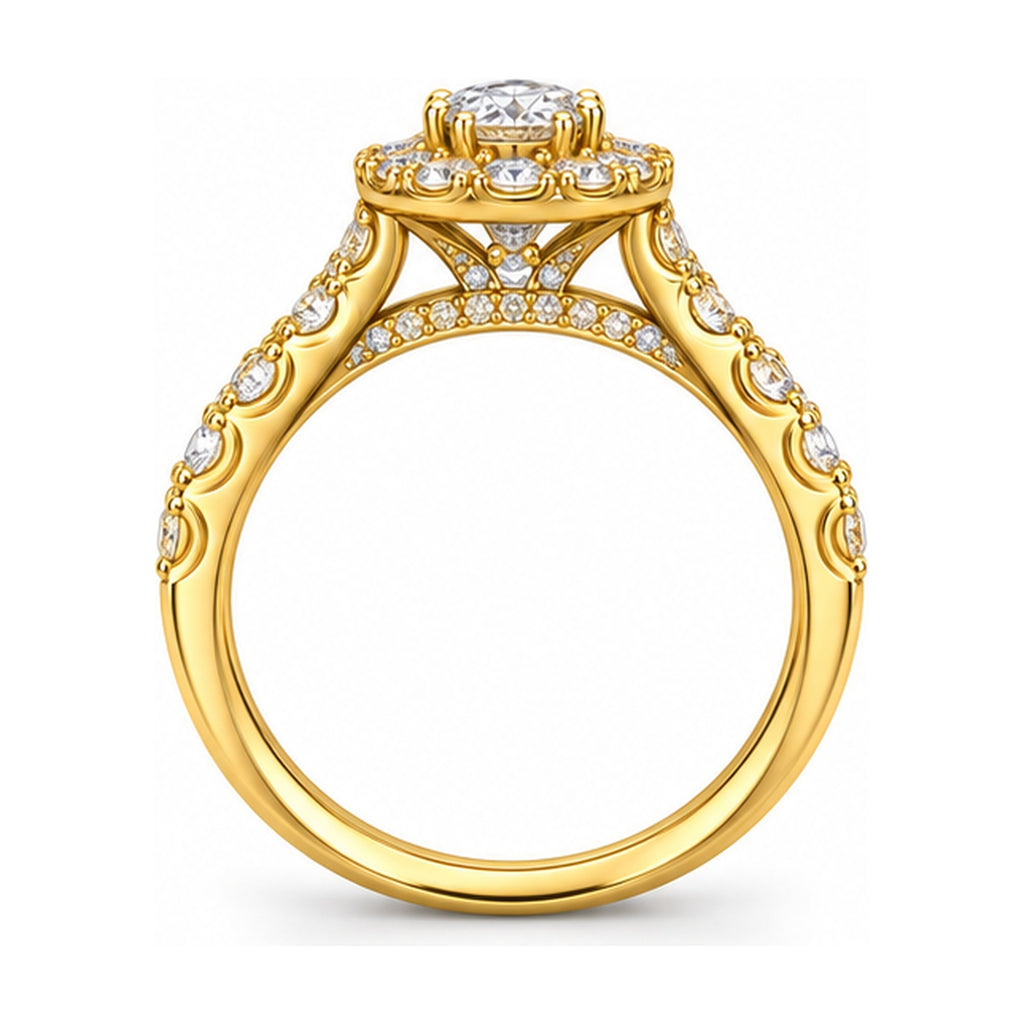 Pear Halo Split Shank Bridal Ring Set, 0.75 ct side view