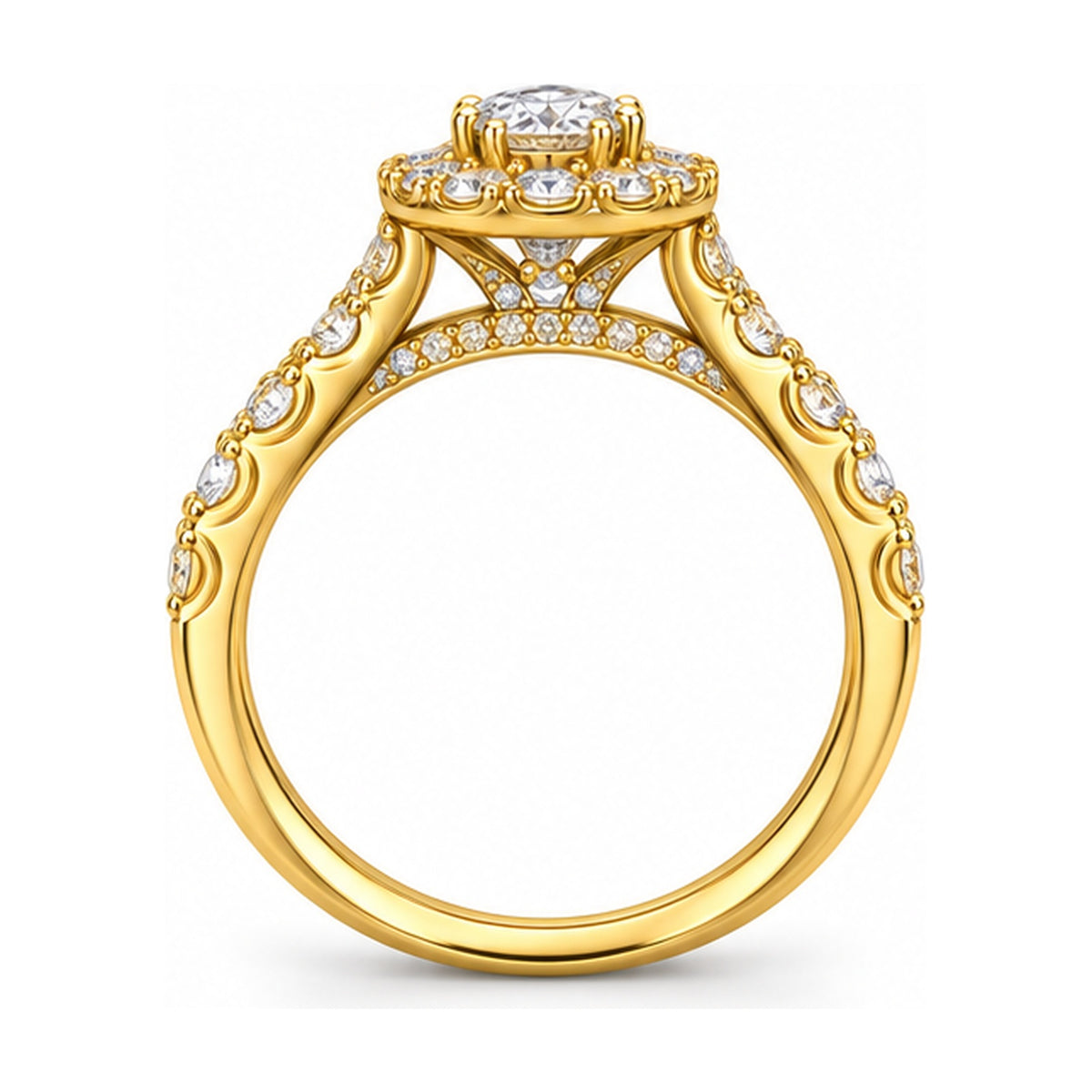 Pear Halo Split Shank Bridal Ring Set, 0.75 ct side view