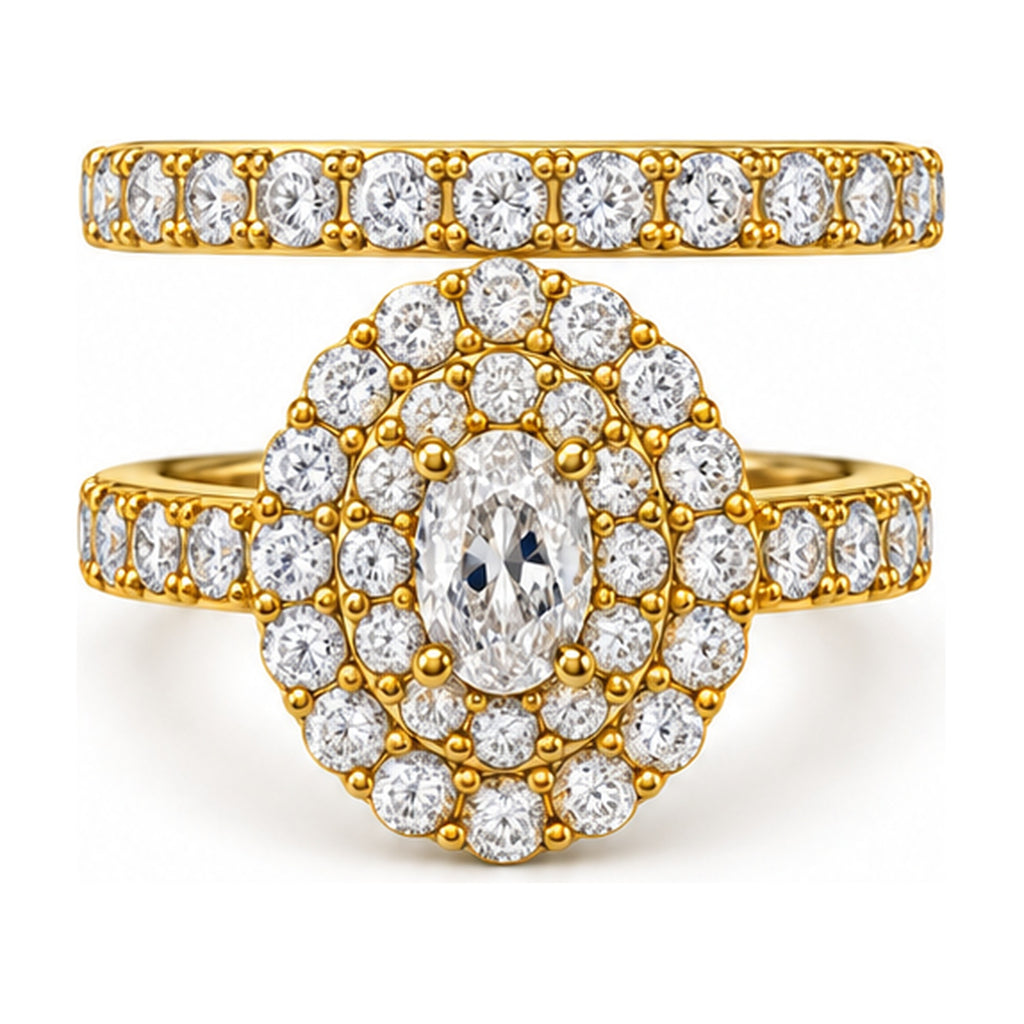 Oval Double Halo Pavé Bridal Ring Set, 0.50 ct front view