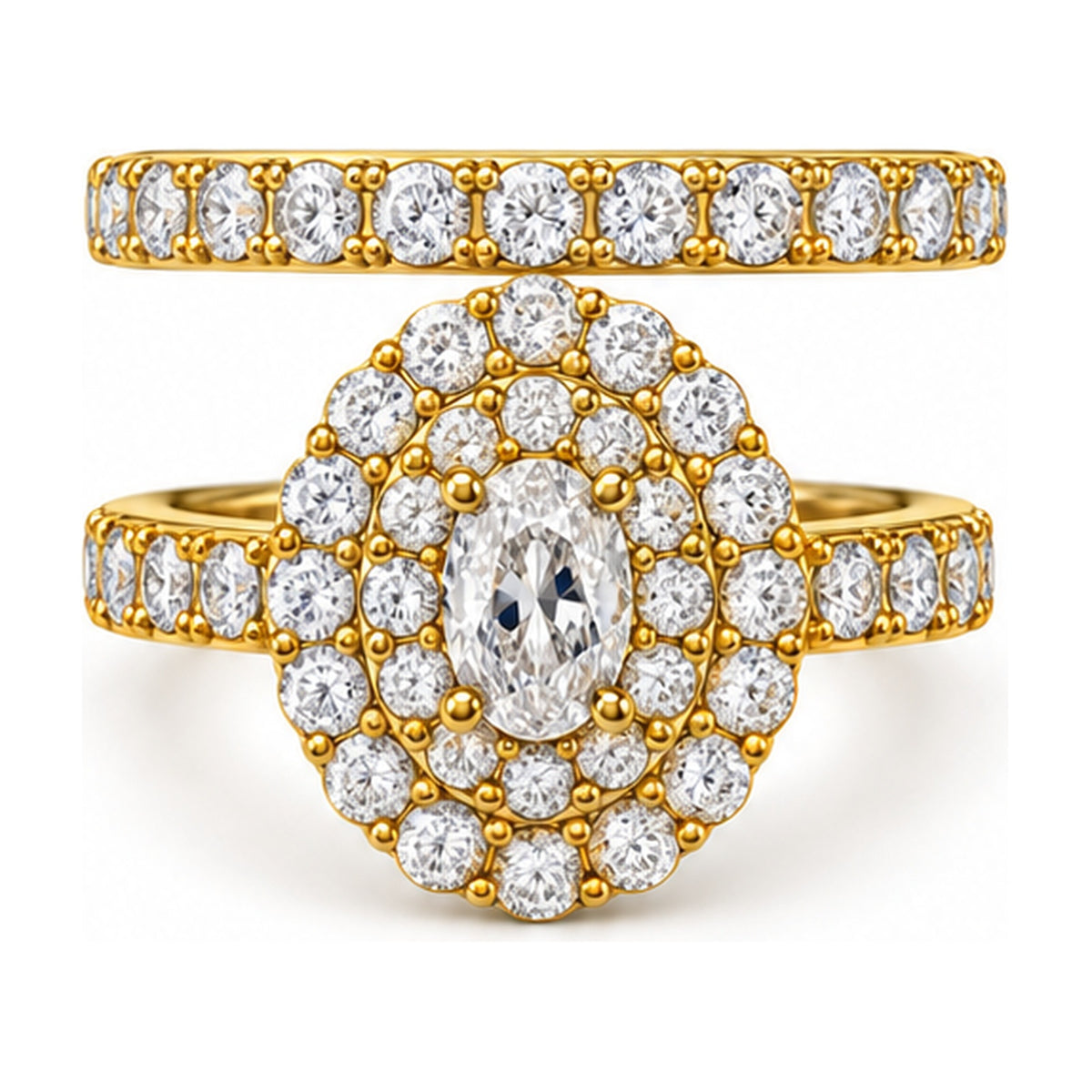 Oval Double Halo Pavé Bridal Ring Set, 0.50 ct front view