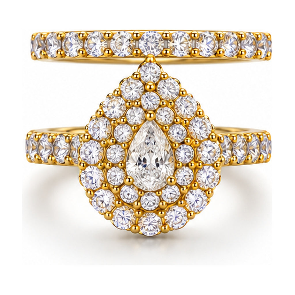 Pear Double Halo Pavé Bridal Ring Set, 0.50 ct front view