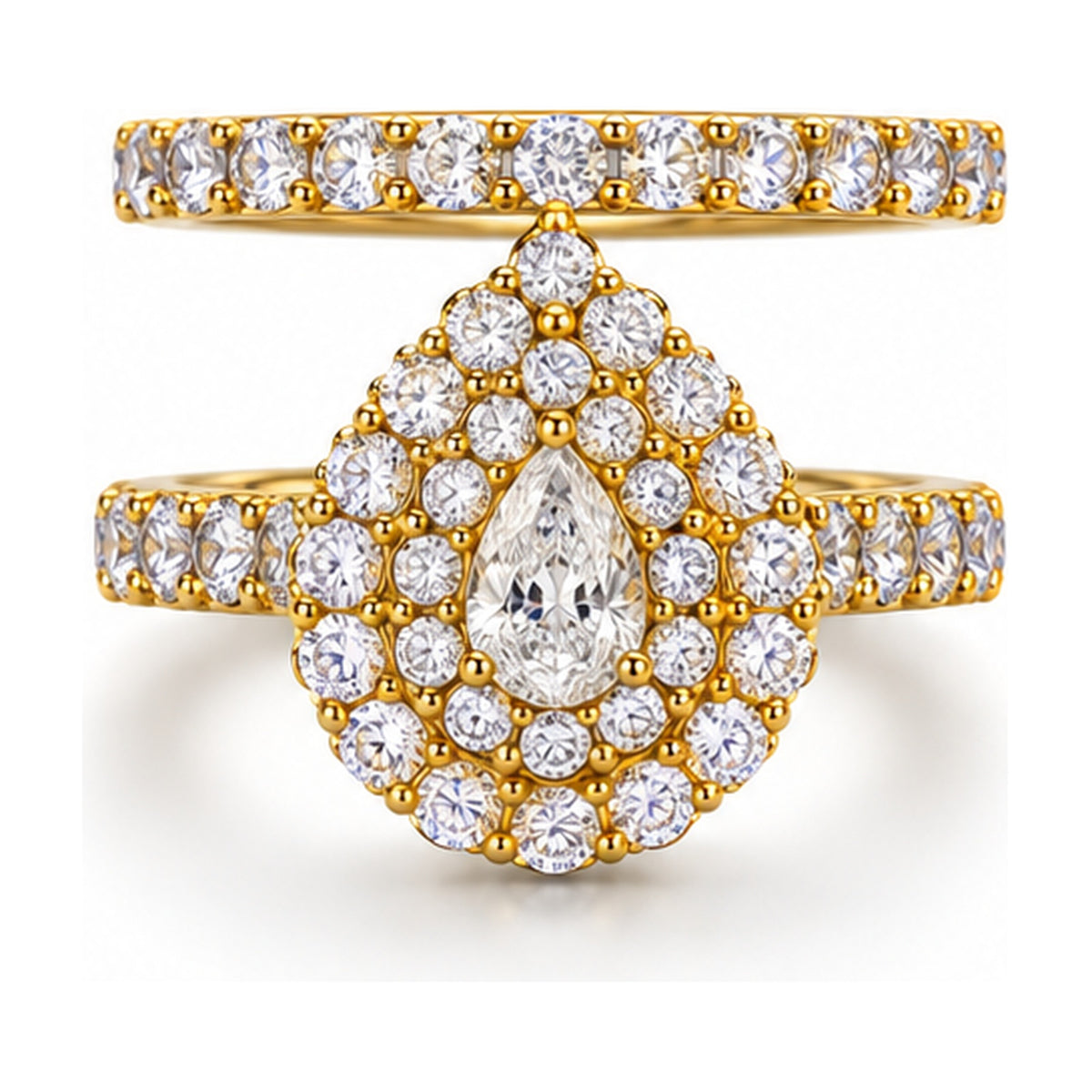 Pear Double Halo Pavé Bridal Ring Set, 0.50 ct front view