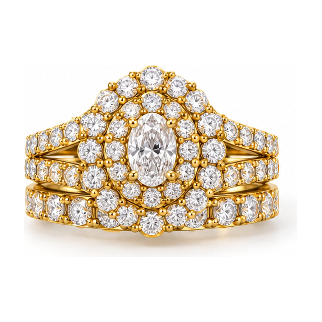 Oval Double Halo Split Shank Bridal Ring Set, 0.50 ct front view